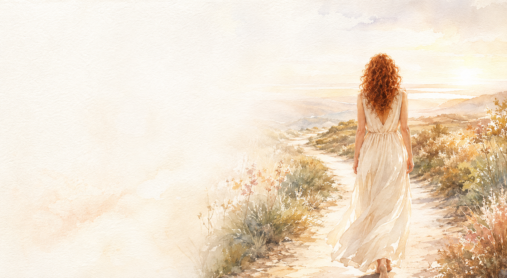 Mulher ruiva caminhando por uma trilha clara em uma paisagem aquarelada